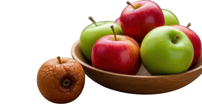 One rotten apple contrasts with fresh red and green apples in a wooden bowl isolated on transparent background