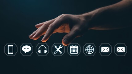 Navigating Technology Hand Hovering Over Digital Interface Icons for Modern Communication and Connectivity