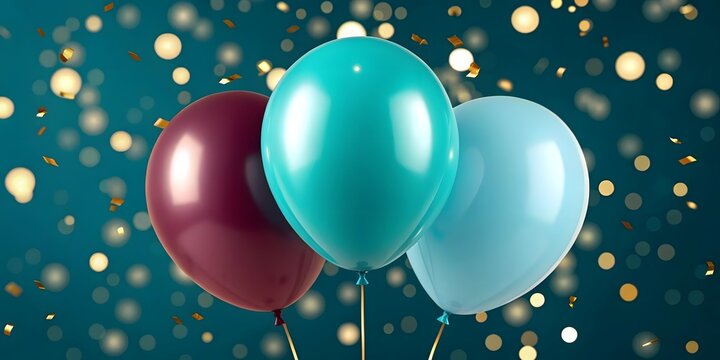 Three festive balloons floating amidst golden confetti and bokeh lights - Powered by Adobe