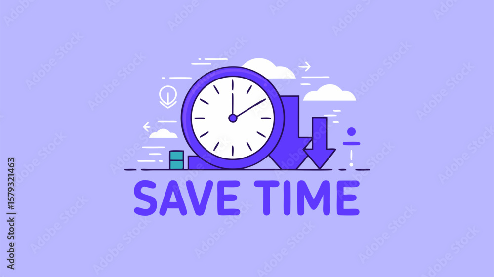 Poster illustrative concept of efficient time management and saving time, clock icon symbol, minimal design
