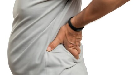 Video of a man holding his lower back in pain, showing symptoms of back pain or spinal disease. Suitable for health, wellness, medical product ads, or spine care awareness campaigns.