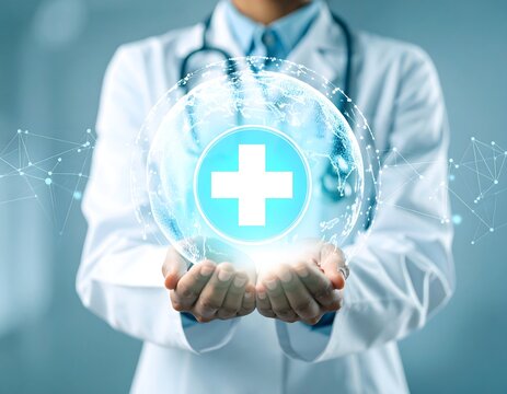 Conceptual image of a doctor cupped around a glowing, 3D digital hospital symbol. This image powerfully visualizes global medical collaboration and a world united by shared health data.