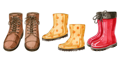 Watercolour illustration of brown, red and yellow runner autumn boots use as print, poster, element design, illustration, sticker, label, card.