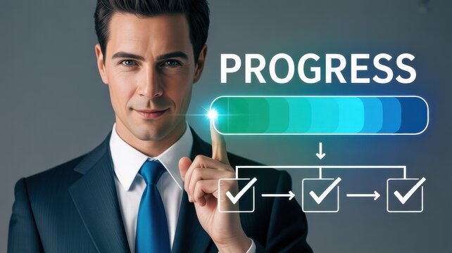 Business Progress Man Indicates Growth with Checkmarks and a Progress Bar on a Digital Display, highlighting advancement. - Powered by Adobe