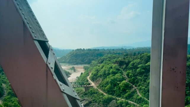 view from window of Jammu hills in India, bridge over the river in the morning, view of Jammu valley