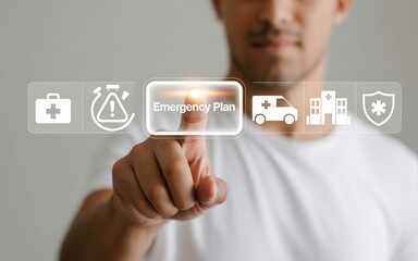 Emergency Preparedness Man Interacting with Digital Plan Interface, highlighting safety, health and immediate response.