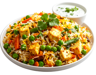 Close-Up of Veg Biryani with Mixed Vegetables and Raita – Indian Cuisine PNG