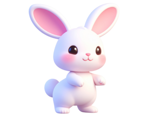 Cute 3D Bunny Standing on One Leg with Tilted Head, Oversized Ears, Chibi Style PNG