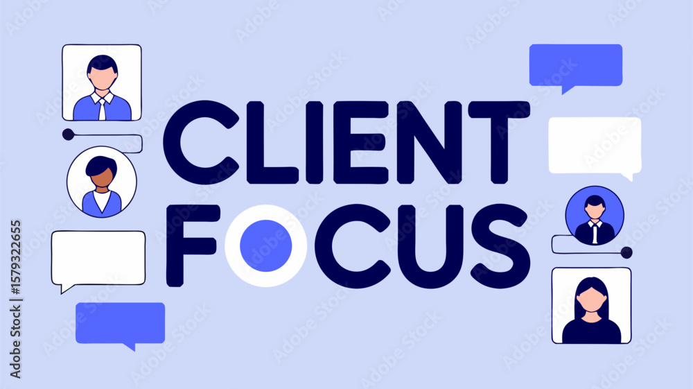 Poster client focus concept illustrating communication and networking with icons and chat bubbles
