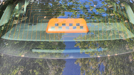Orange taxi light sitting on rear window reflecting trees and blue sky