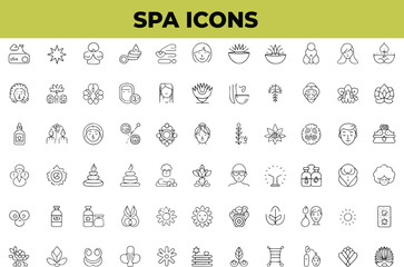 Spa & Wellness Line Icons Set – Minimalist Linear Style Pictograms for Sauna, Beauty, Skin Care, Massage, and Salon Treatments – Modern Thin Line Vector Illustrations

