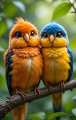 Colorful Pair: Two Fluffy Birds Perched on a Branch