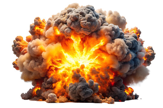 Massive fiery explosion with dark smoke clouds isolated on transparent background