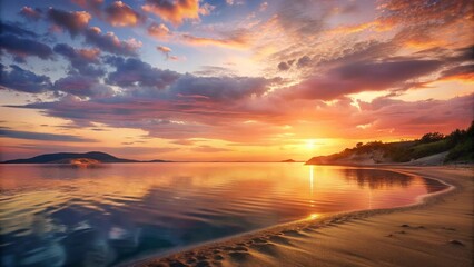 Serene Sunset Landscape over a Sandy Beach and Calm Water
