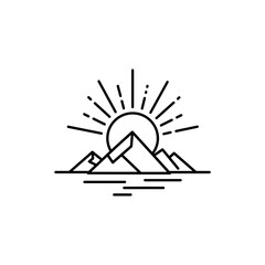 Sun rising behind mountains in a minimalist vector design