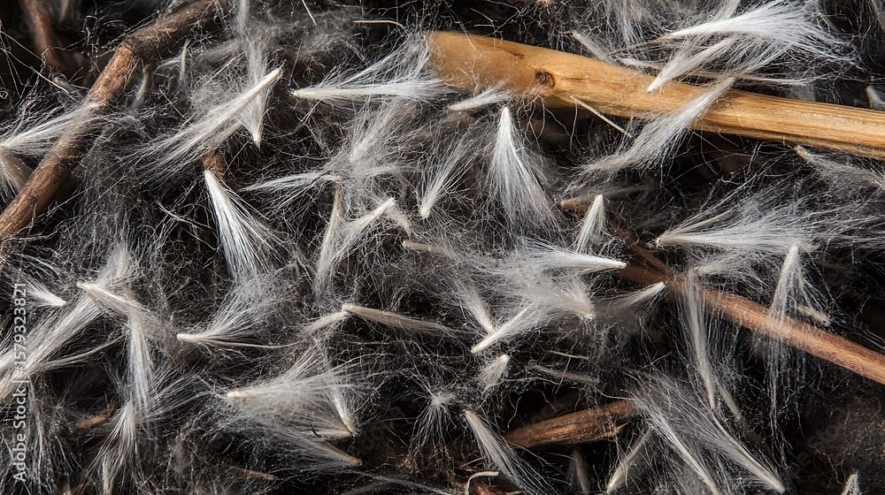 Poster detailed macro of plant seed dispersal with intricate patterns of delicate fibers and seeds on dry