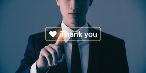 Appreciation Gesture Businessman expressing gratitude by pressing a 'Thank You' button. Shows online interaction and professional acknowledgement.