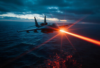 Aerial Assault: A modern jet streaks across the sky, launching a dazzling beam of fiery energy over vast ocean waters, under a sky ablaze with the dawn.
