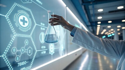 Scientist holding flask interacting with futuristic holographic medical data display