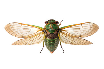 Detailed close up of a green cicada insect with translucent wings isolated on transparent background