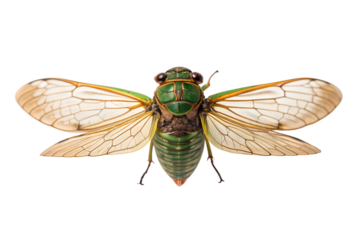 Detailed close up of a green cicada insect with translucent wings isolated on transparent background