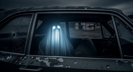 Ghost with glowing eyes sitting in an abandoned car surrounded by a haunting landscape