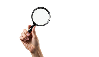 Hand holding magnifying glass isolated on transparent background