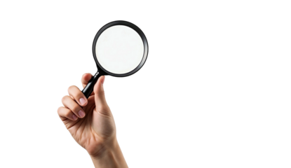 Hand holding magnifying glass isolated on transparent background