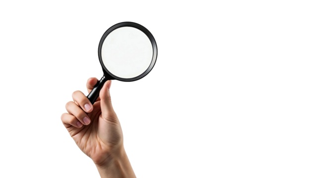 Hand holding magnifying glass isolated on transparent background