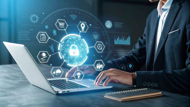 Businessman using laptop with digital security network and technology icons overlay - Powered by Adobe