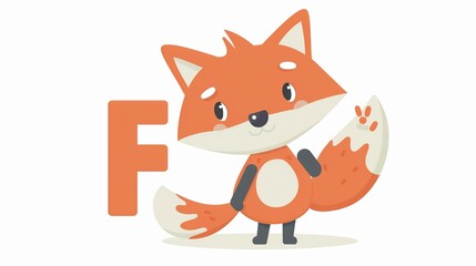 Obraz premium A cartoon fox holding the letter 'F' with paw, flat vector-style illustration, white background, bold outlines, bright but limited color palette, educational and interactive