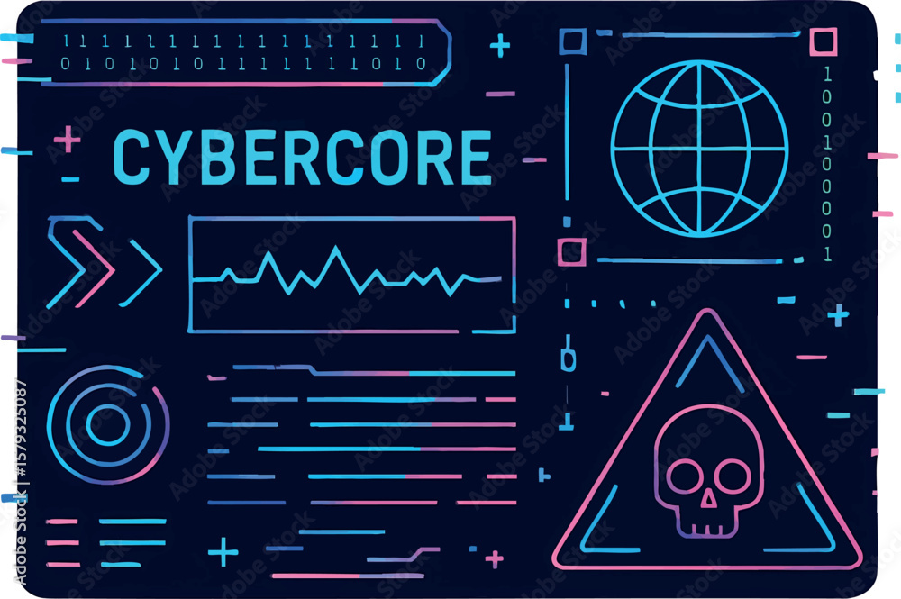 Poster flat vector neon cybercore interface with glitch and matrix elements, cyber aesthetic trend, isolate