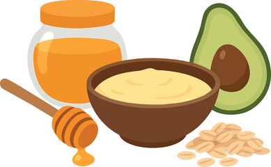 Flat vector natural body mask ingredients: honey, oats, avocado shown around bowl, isolated on white