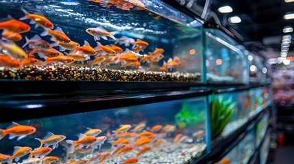 Vibrant Goldfish in Tiered Aquariums at Pet Store