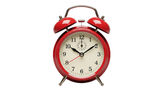 A vibrant red twin-bell alarm clock stands out against a stark black background, time ticking.