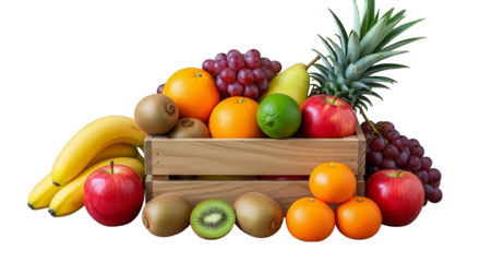 Abundant display features a vibrant mix of fresh fruits in a wooden crate against black scene.