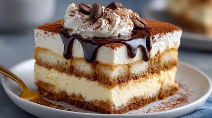 Tiramisu slice topped with whipped cream and chocolate on a white plate