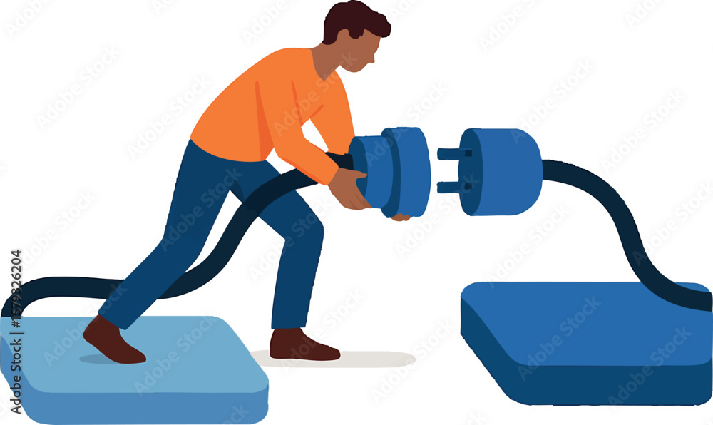 Poster flat vector person plugging cable between two abstract platforms, symbolic integration, isolated on 