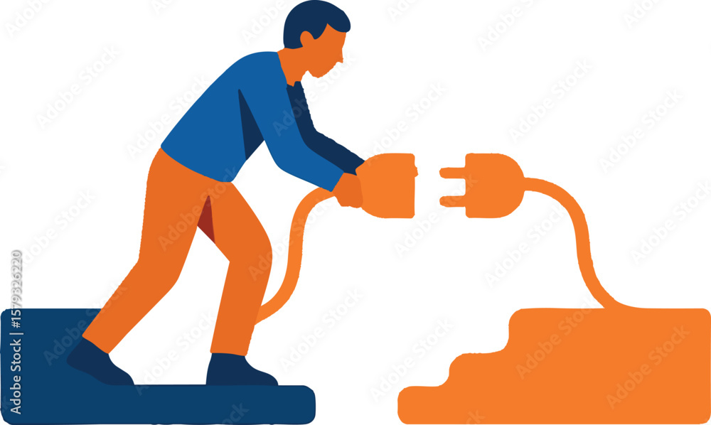 Poster flat vector person plugging cable between two abstract platforms, symbolic integration, isolated on 