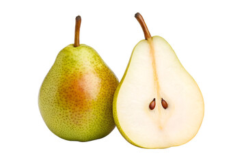 Whole and halved ripe green pear with visible seeds isolated on transparent background