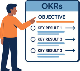 Flat vector person setting OKRs (Objectives and Key Results) on digital board, goal alignment, isolated on white