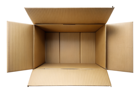 Open empty cardboard box with corrugated walls isolated on transparent background