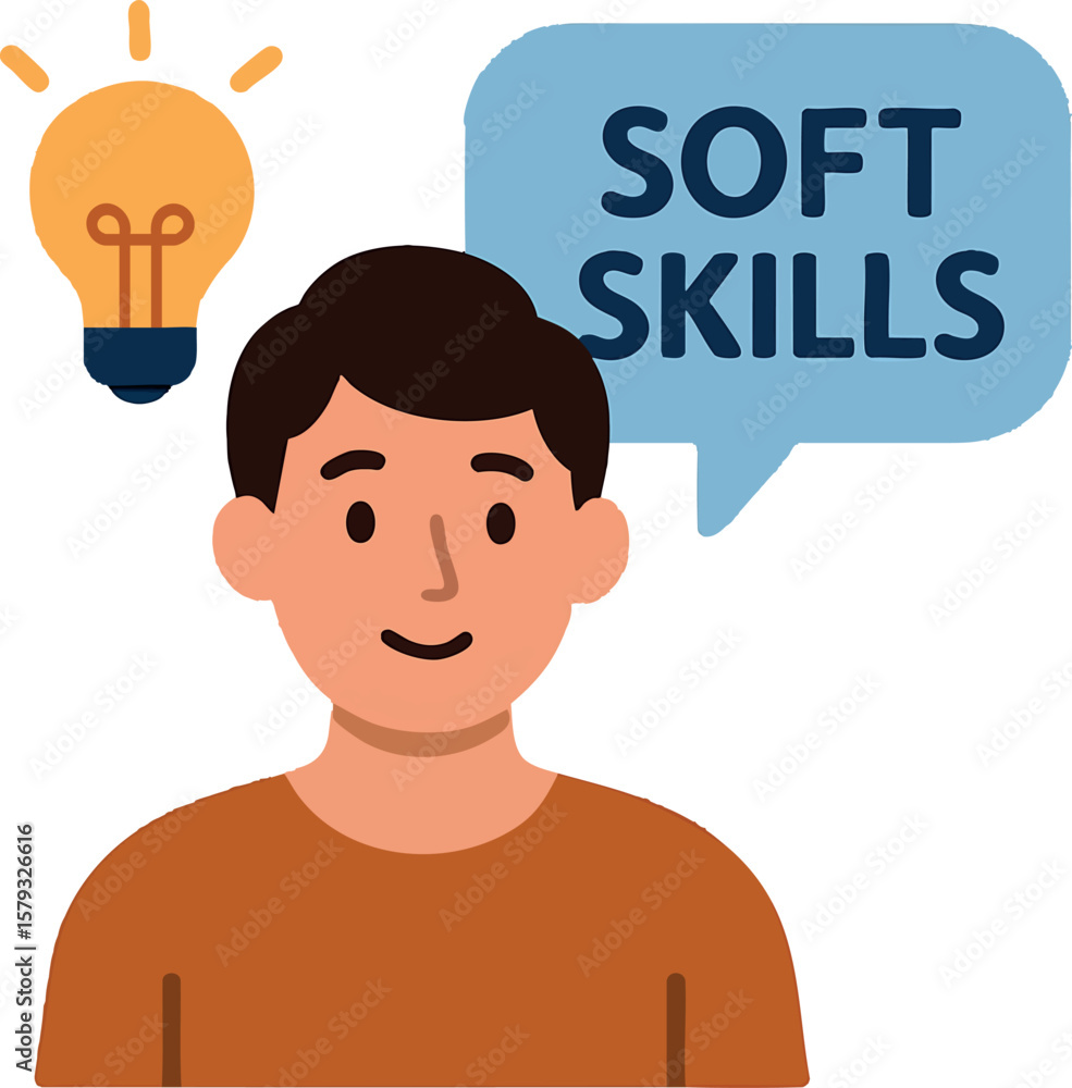 Poster flat vector person with speech bubble and lightbulb icon above head, representing soft skills, isola