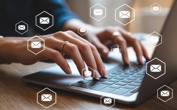 Email Marketing Hands typing on a laptop with email icons, communicating with potential clients for a successful strategy