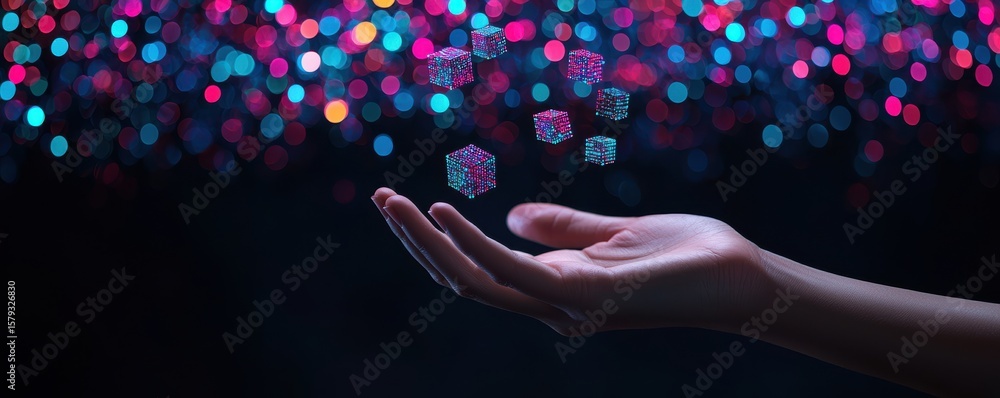 Poster a hand reaching out towards glowing digital cubes with colorful bokeh lights in the background, symb