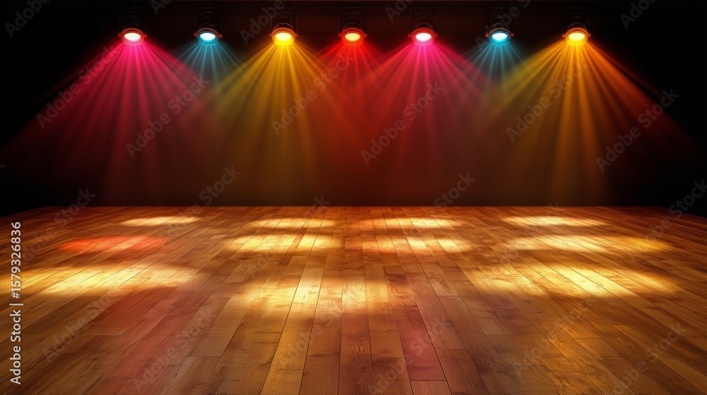 Poster colorful stage lights create patterns on a empty wooden floor