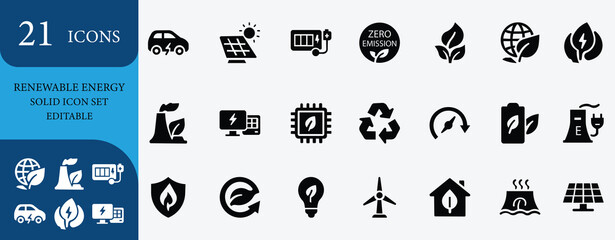 Modern renewable energy icons with solar, wind, electric car, eco-friendly power, zero emission, sustainability and  clean energy concept