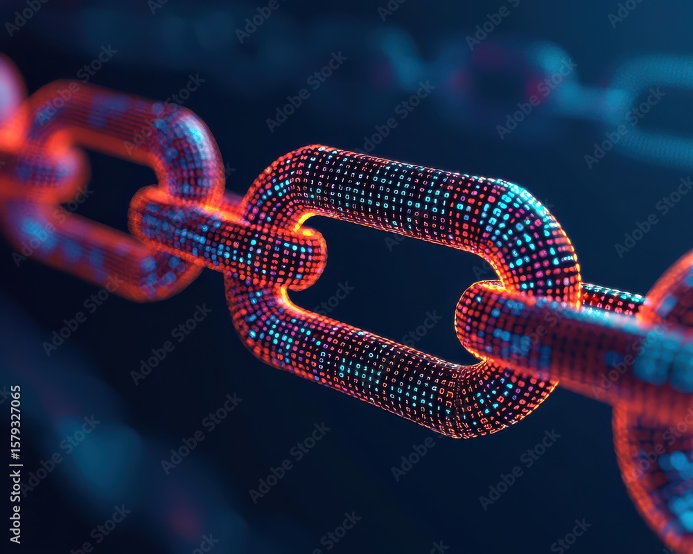 Poster a glowing digital chain link composed of vibrant, colorful data points represents cybersecurity and 