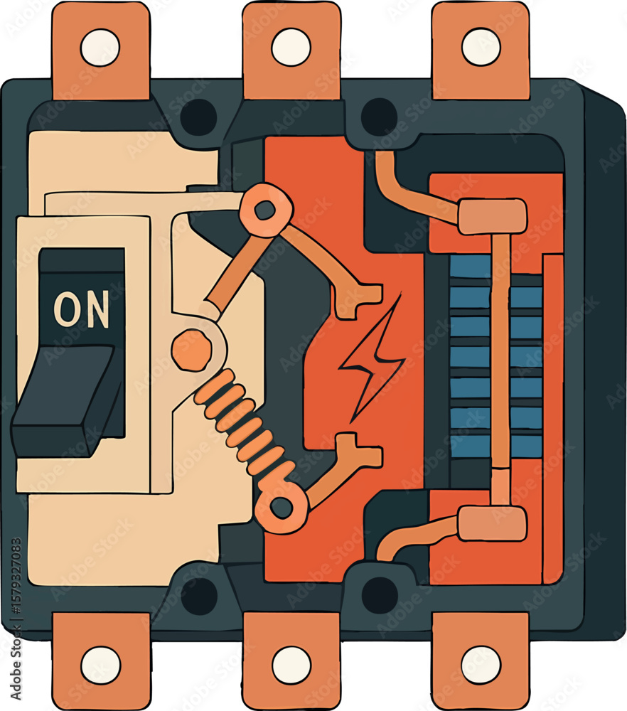 Aufkleber flat vector power circuit breaker with operating mechanism and arc quenching chamber, isolated on wh