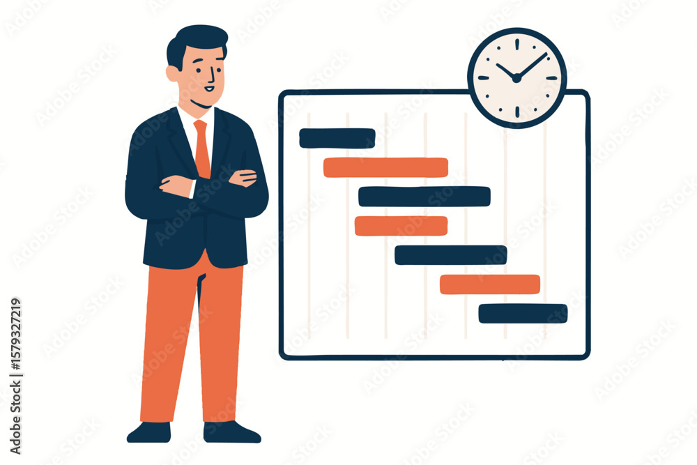 Poster flat vector project manager standing beside gantt chart with task bars, time management, isolated on